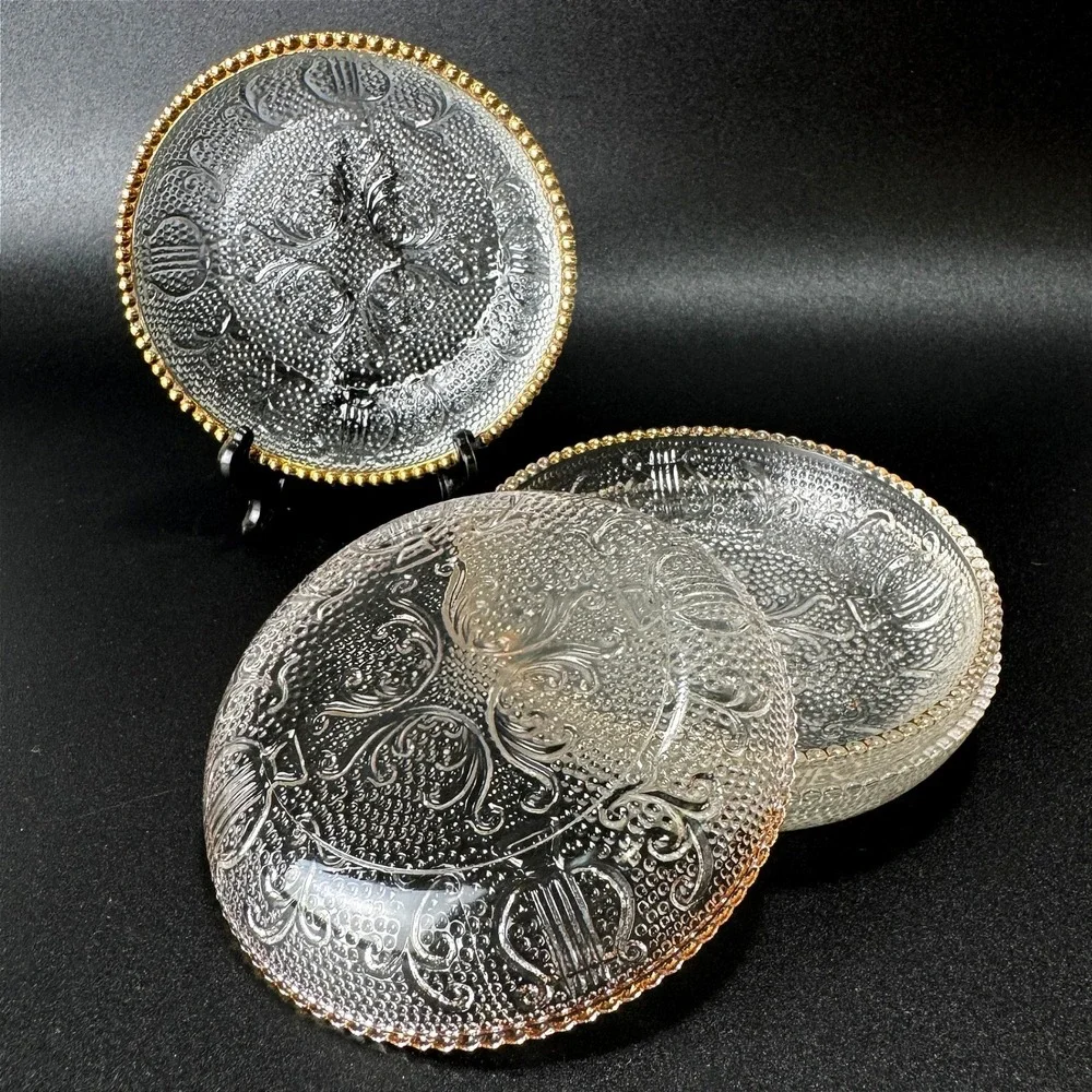 Vintage Jeannette Glass Harp Coasters Butter Pat Condiment 4 Gold Trim 50's MCM